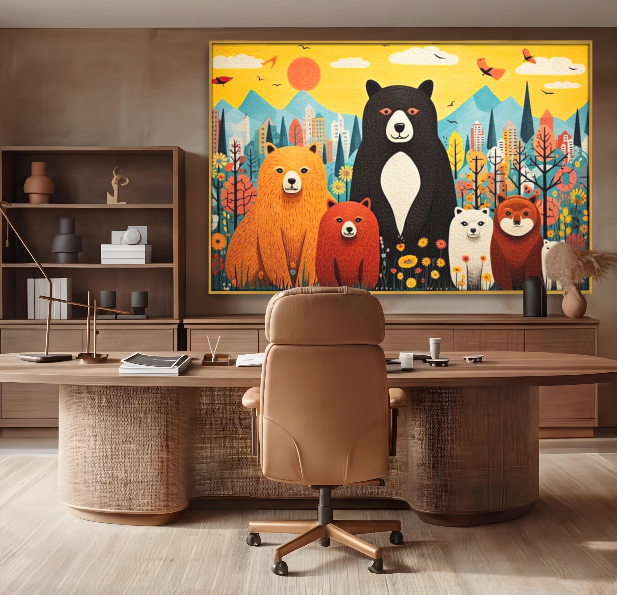 Tablou canvas cu ilustratie cu sapte ursuleti in natura, in rama de aluminiu auriu, pe perete intr-un birou